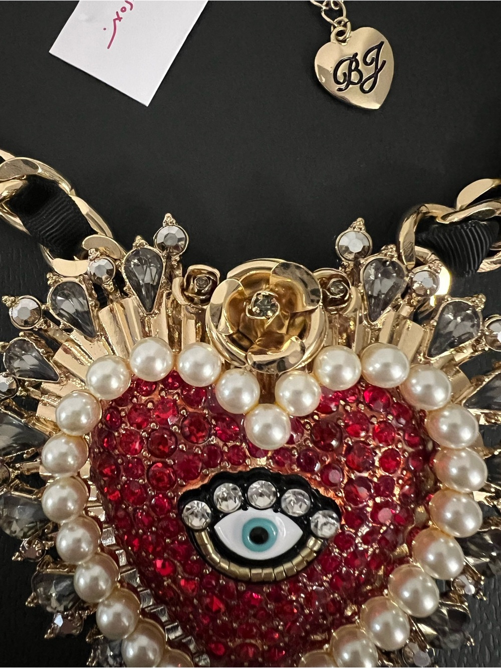 Betsey Johnson Red Crystal Evil Eye Heart Statement Necklace with Pearl Trim - Picture 12 of 16